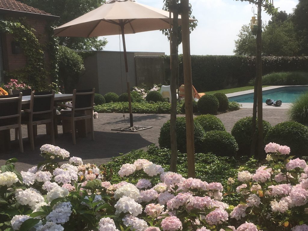Stijlvolle vrije tuin met moderne loungeset