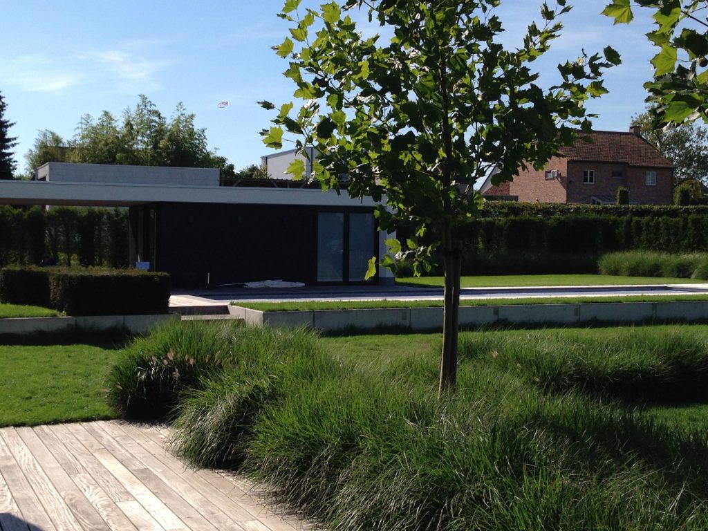 strakke tuin met houten terras